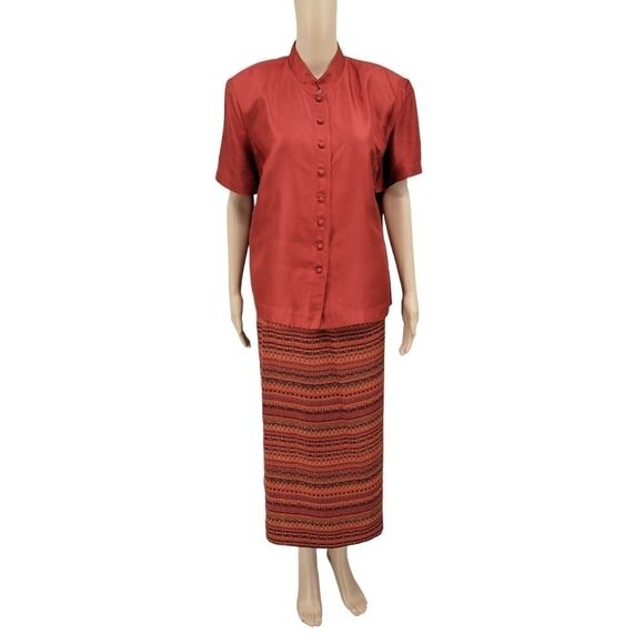 Plaza South Vintage Silk Burnt Rust Orange Maxi Skirt Blouse Matching Set - Picture 9 of 15